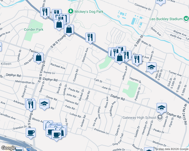 map of restaurants, bars, coffee shops, grocery stores, and more near 2807 Terrace Drive in Killeen