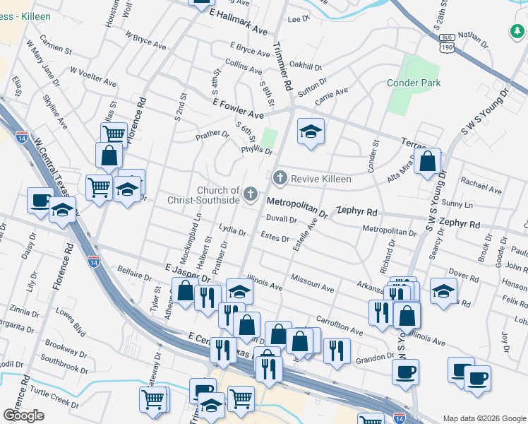 map of restaurants, bars, coffee shops, grocery stores, and more near 1000 Metropolitan Drive in Killeen