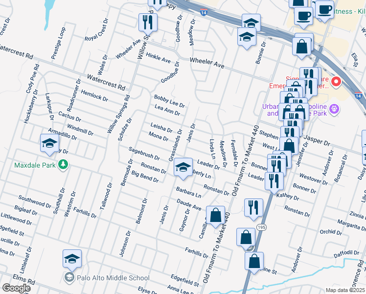 map of restaurants, bars, coffee shops, grocery stores, and more near 1511 Janis Drive in Killeen