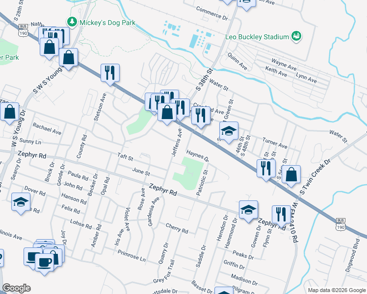 map of restaurants, bars, coffee shops, grocery stores, and more near 709 Haynes Drive in Killeen
