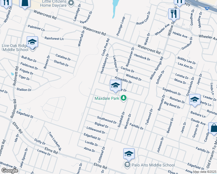 map of restaurants, bars, coffee shops, grocery stores, and more near 2709 Larkspur Drive in Killeen