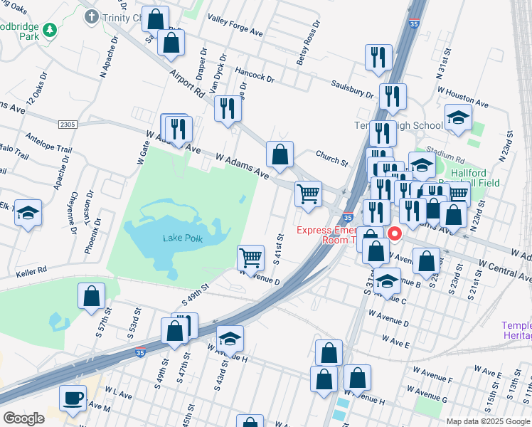 map of restaurants, bars, coffee shops, grocery stores, and more near 4 North 43rd Street in Temple