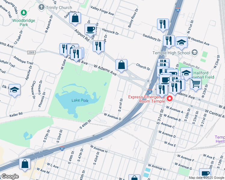 map of restaurants, bars, coffee shops, grocery stores, and more near 4 North 43rd Street in Temple