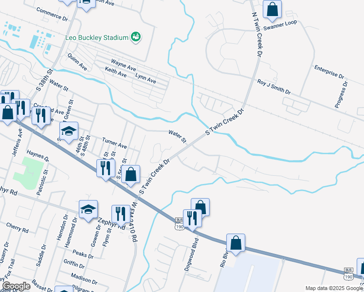 map of restaurants, bars, coffee shops, grocery stores, and more near 4202 Water Street in Killeen