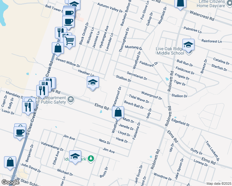 map of restaurants, bars, coffee shops, grocery stores, and more near 4603 Waterproof in Killeen