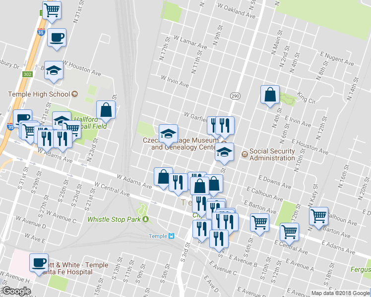 map of restaurants, bars, coffee shops, grocery stores, and more near 415 North 9th Street in Temple