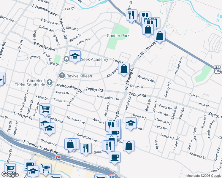map of restaurants, bars, coffee shops, grocery stores, and more near 1503 Zephyr Road in Killeen