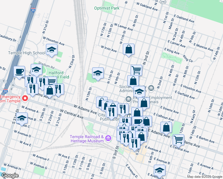 map of restaurants, bars, coffee shops, grocery stores, and more near 417 North 9th Street in Temple
