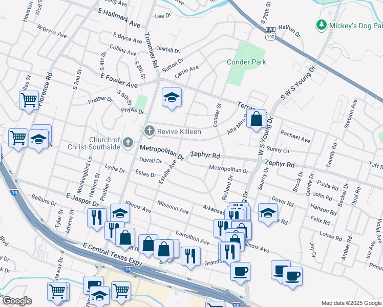 map of restaurants, bars, coffee shops, grocery stores, and more near 1309 Zephyr Road in Killeen