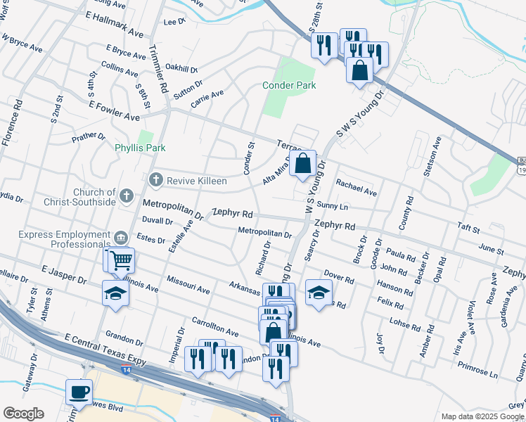 map of restaurants, bars, coffee shops, grocery stores, and more near 1503 Zephyr Road in Killeen