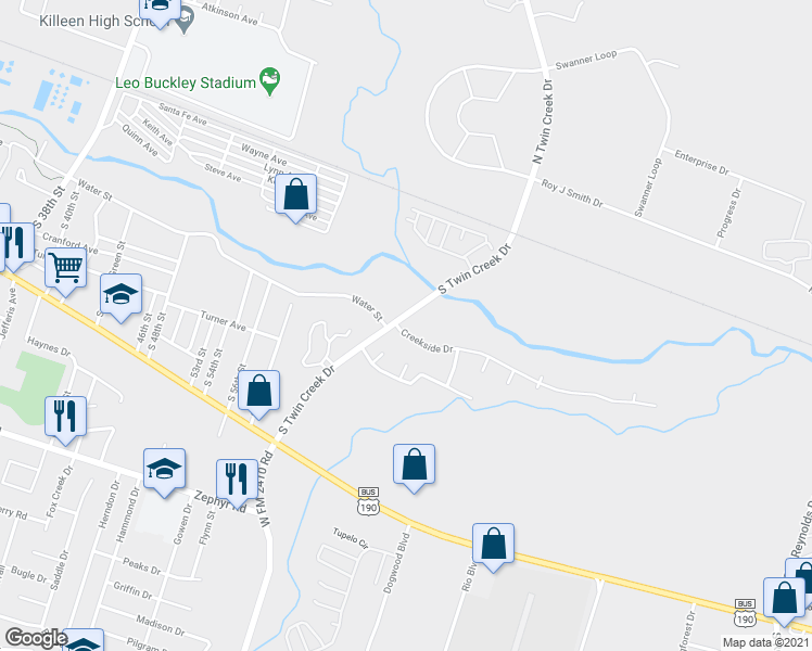 map of restaurants, bars, coffee shops, grocery stores, and more near 4305 Creekside Drive in Killeen