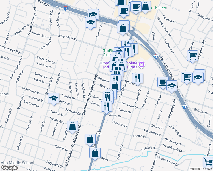 map of restaurants, bars, coffee shops, grocery stores, and more near 1303 West Lane in Killeen