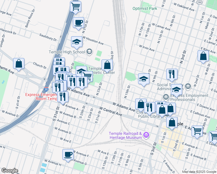 map of restaurants, bars, coffee shops, grocery stores, and more near 209 North 21st Street in Temple