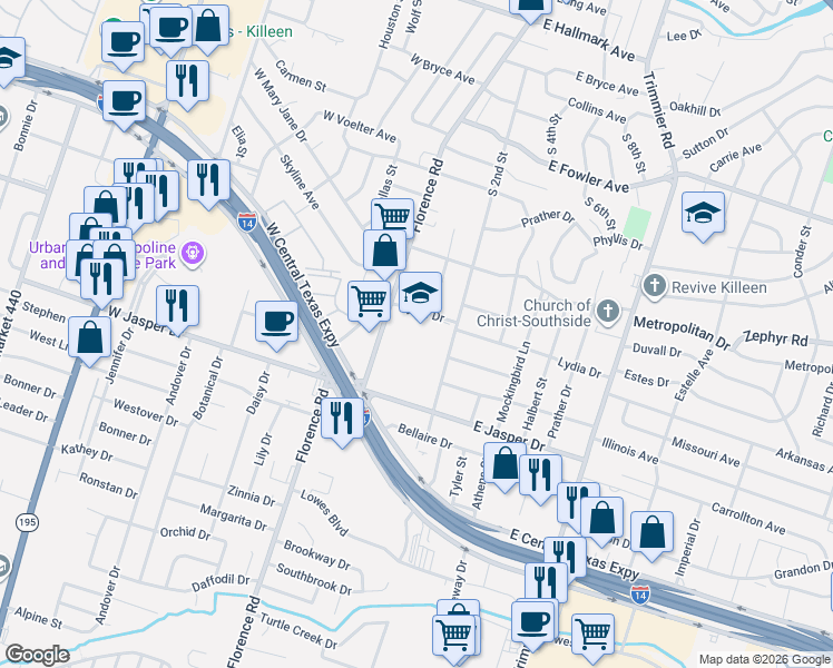 map of restaurants, bars, coffee shops, grocery stores, and more near 205D Lydia Drive in Killeen