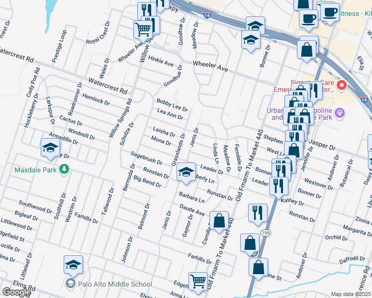 map of restaurants, bars, coffee shops, grocery stores, and more near 1511 Janis Drive in Killeen
