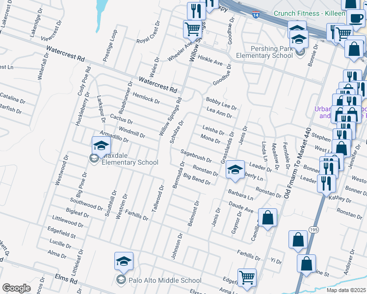 map of restaurants, bars, coffee shops, grocery stores, and more near 2607 Bermuda Drive in Killeen