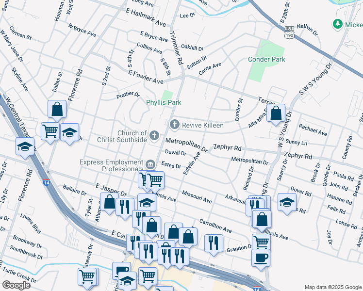 map of restaurants, bars, coffee shops, grocery stores, and more near 1102 Metropolitan Drive in Killeen