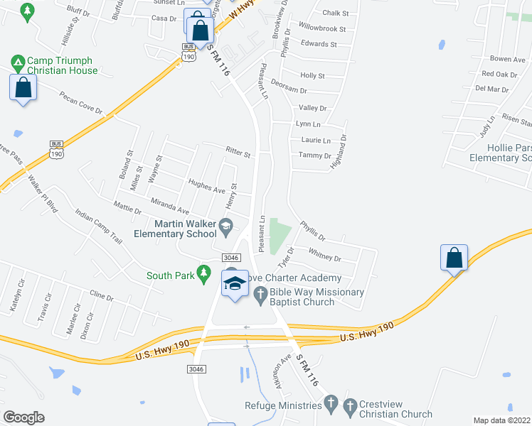 map of restaurants, bars, coffee shops, grocery stores, and more near 1915 Pleasant Lane in Copperas Cove
