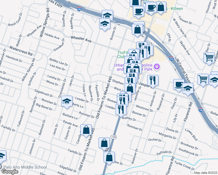 map of restaurants, bars, coffee shops, grocery stores, and more near 1312 West Lane in Killeen