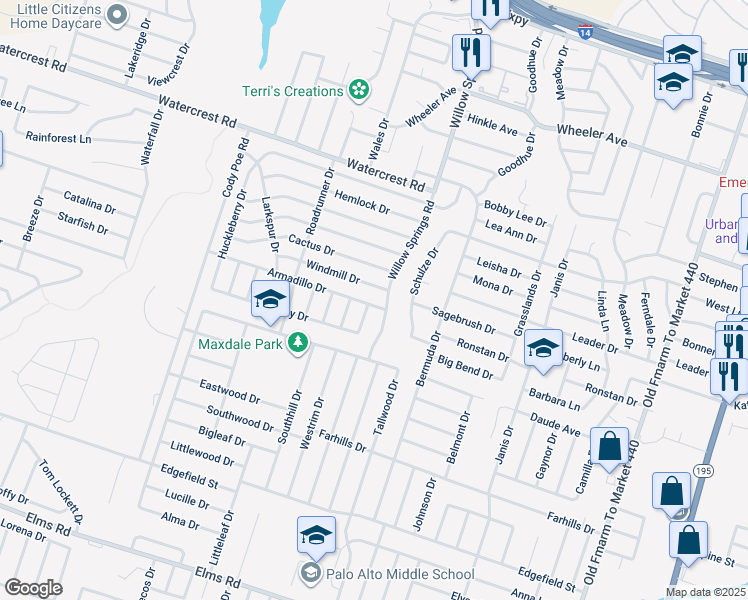 map of restaurants, bars, coffee shops, grocery stores, and more near 2205 Armadillo Drive in Killeen
