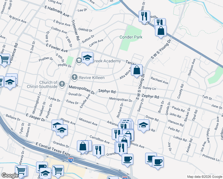 map of restaurants, bars, coffee shops, grocery stores, and more near 1405 Zephyr Road in Killeen