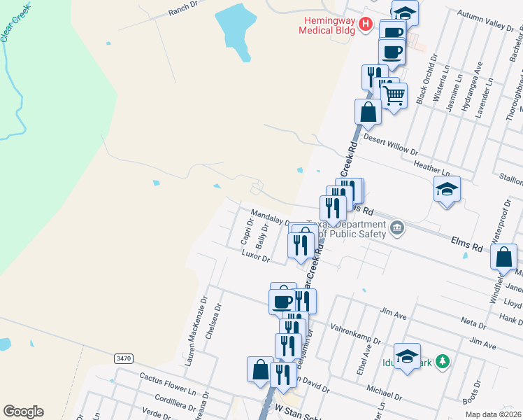 map of restaurants, bars, coffee shops, grocery stores, and more near 5701 Mandalay Drive in Killeen