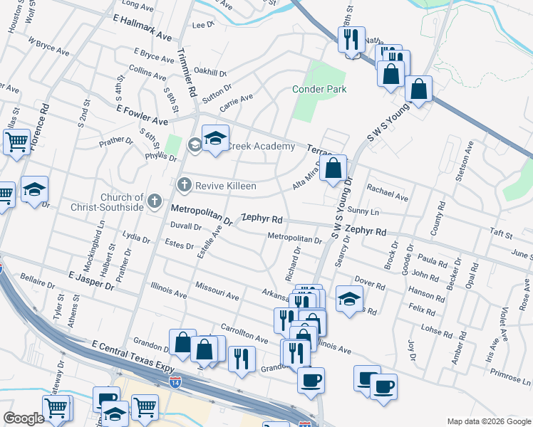 map of restaurants, bars, coffee shops, grocery stores, and more near 1405 Zephyr Road in Killeen