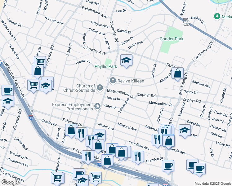 map of restaurants, bars, coffee shops, grocery stores, and more near 1102 Metropolitan Drive in Killeen