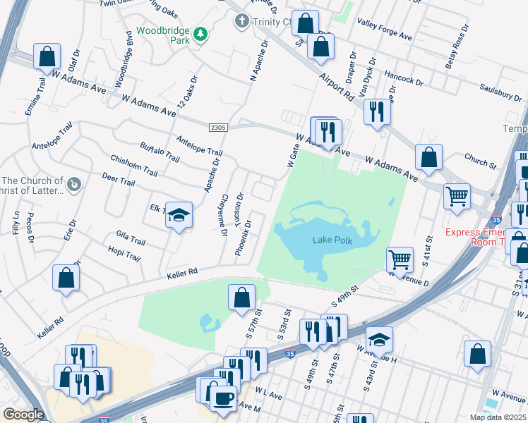 map of restaurants, bars, coffee shops, grocery stores, and more near 2906 Durango Drive in Temple