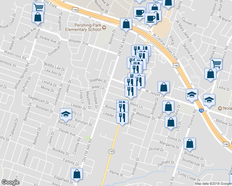 map of restaurants, bars, coffee shops, grocery stores, and more near 1303 West Lane in Killeen