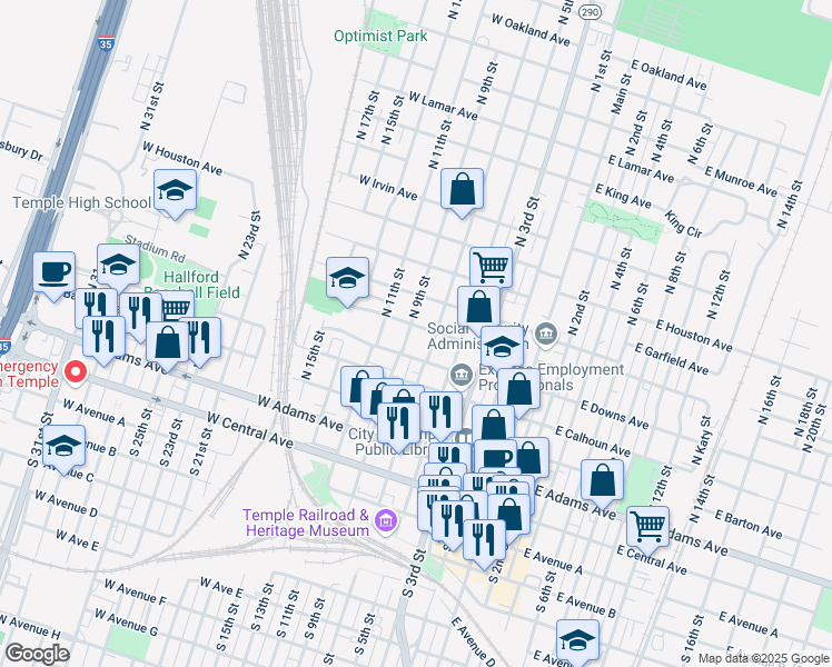 map of restaurants, bars, coffee shops, grocery stores, and more near 417 North 9th Street in Temple