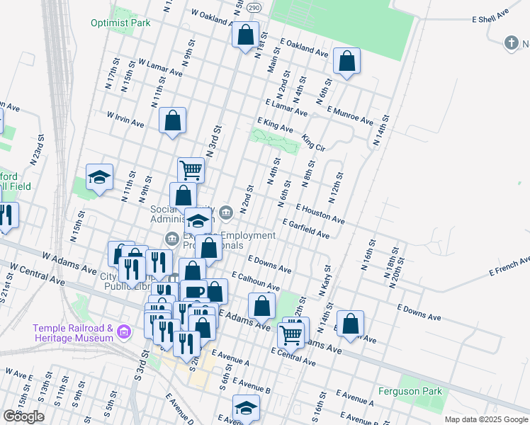 map of restaurants, bars, coffee shops, grocery stores, and more near 619 North 4th Street in Temple