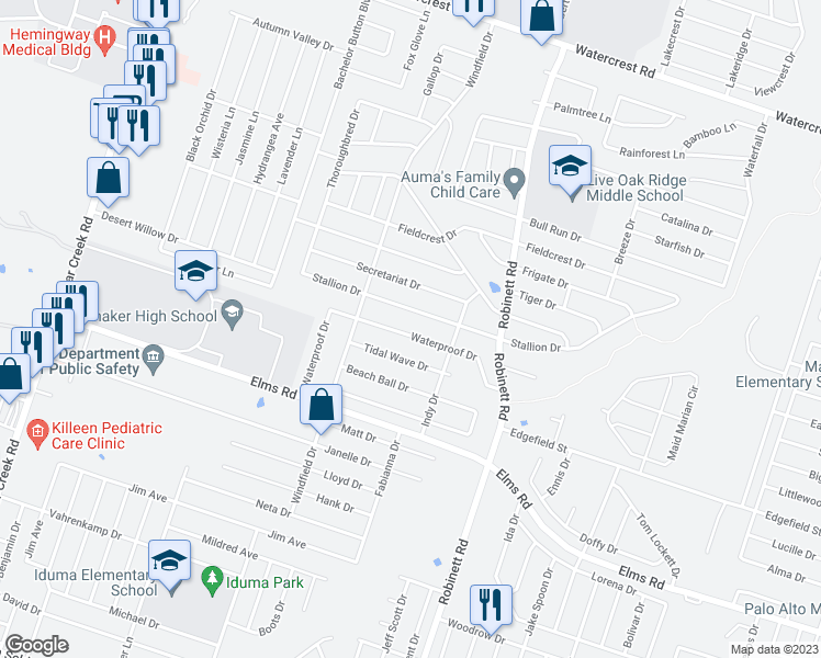 map of restaurants, bars, coffee shops, grocery stores, and more near 4303 Waterproof Drive in Killeen