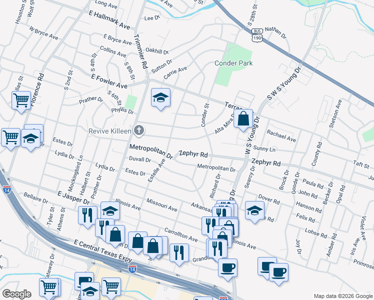 map of restaurants, bars, coffee shops, grocery stores, and more near 1309 Zephyr Road in Killeen