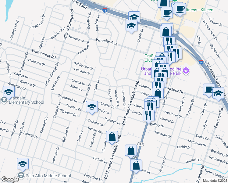 map of restaurants, bars, coffee shops, grocery stores, and more near 1506 Linda Lane in Killeen