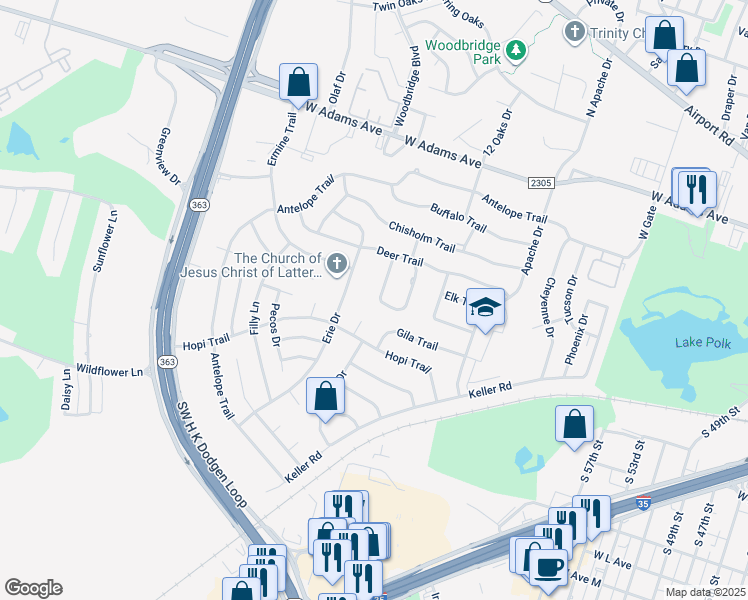 map of restaurants, bars, coffee shops, grocery stores, and more near 514 Dakota Drive in Temple