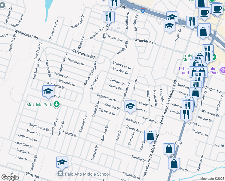 map of restaurants, bars, coffee shops, grocery stores, and more near 1705 Leader Drive in Killeen