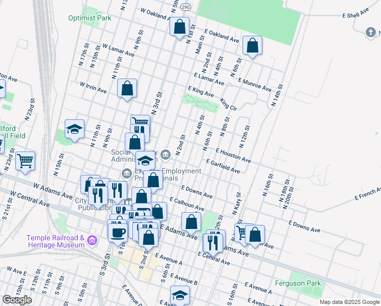 map of restaurants, bars, coffee shops, grocery stores, and more near 619 North 4th Street in Temple