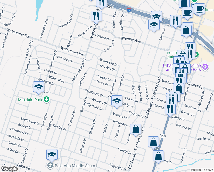 map of restaurants, bars, coffee shops, grocery stores, and more near 1612 Mona Drive in Killeen