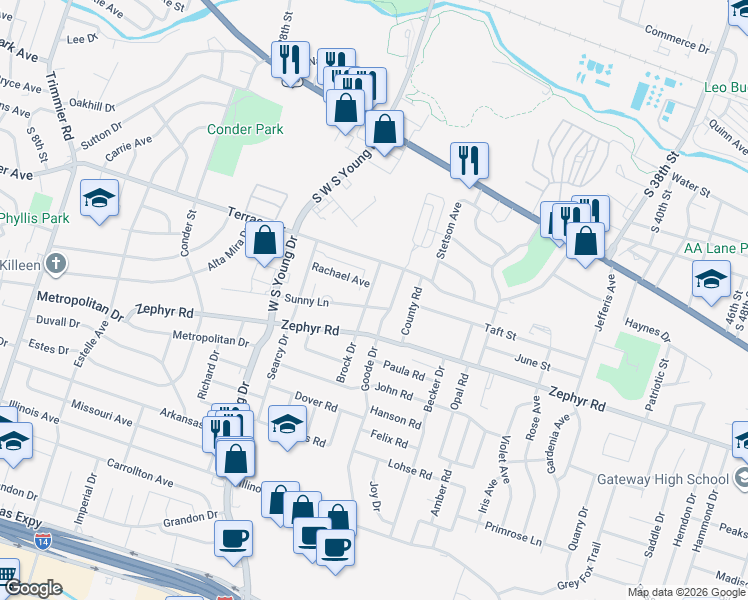 map of restaurants, bars, coffee shops, grocery stores, and more near 1111 Brock Drive in Killeen