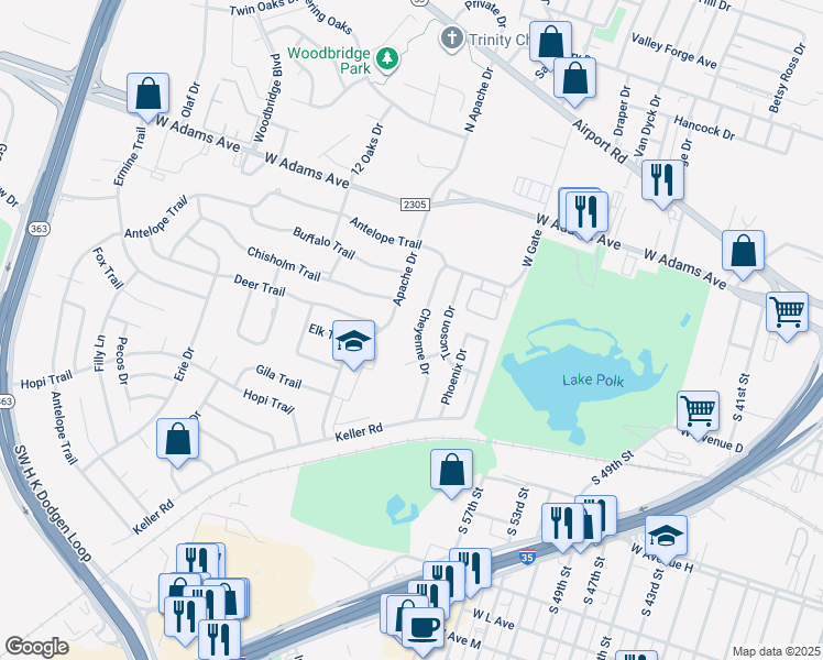 map of restaurants, bars, coffee shops, grocery stores, and more near 318 Cheyenne Drive in Temple