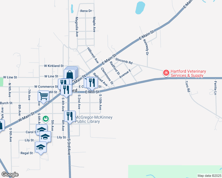 map of restaurants, bars, coffee shops, grocery stores, and more near Alabama 52 in Hartford