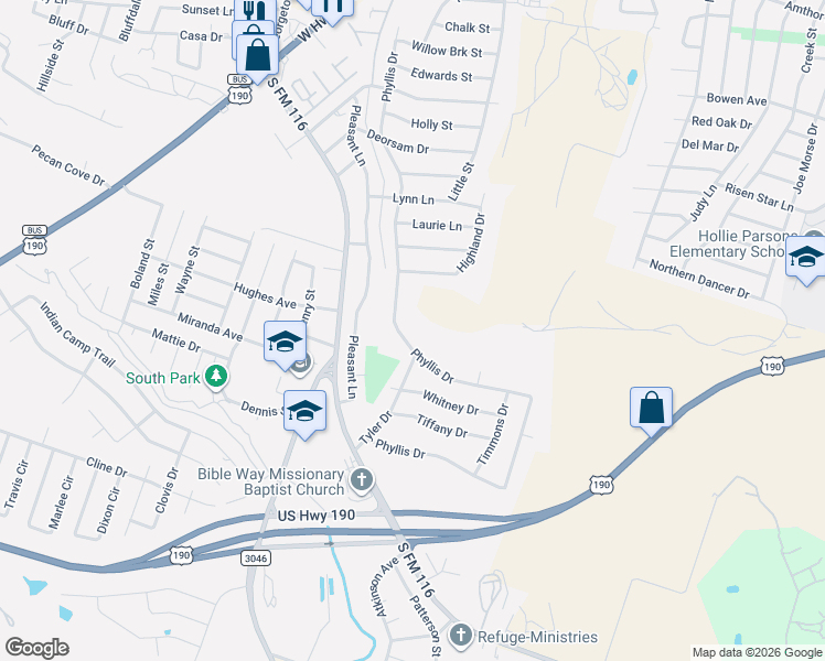 map of restaurants, bars, coffee shops, grocery stores, and more near 2213 Phyllis Drive in Copperas Cove