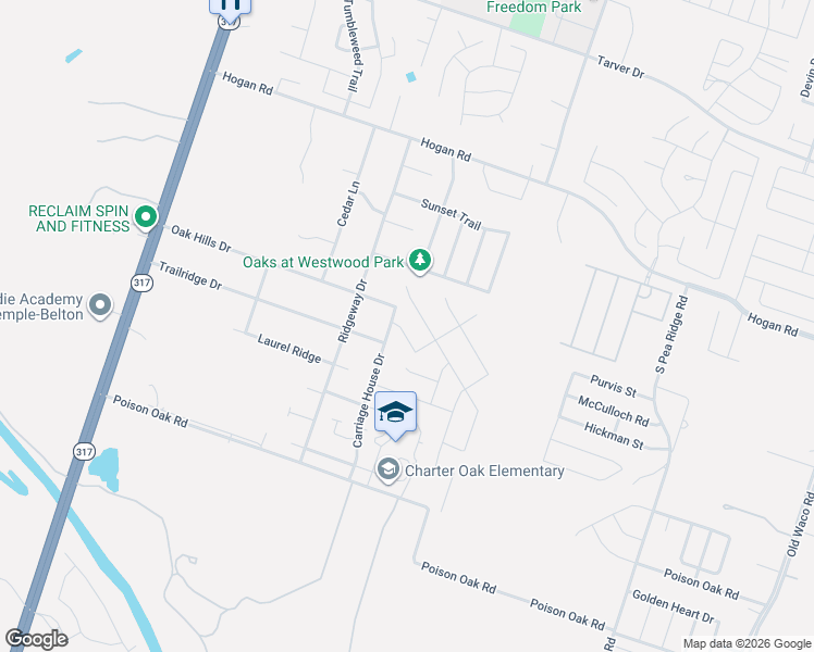 map of restaurants, bars, coffee shops, grocery stores, and more near 1940 Thicket Trail in Temple