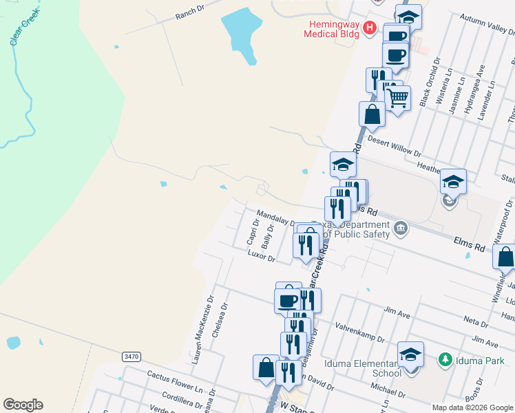 map of restaurants, bars, coffee shops, grocery stores, and more near 5711 Mandalay Drive in Killeen