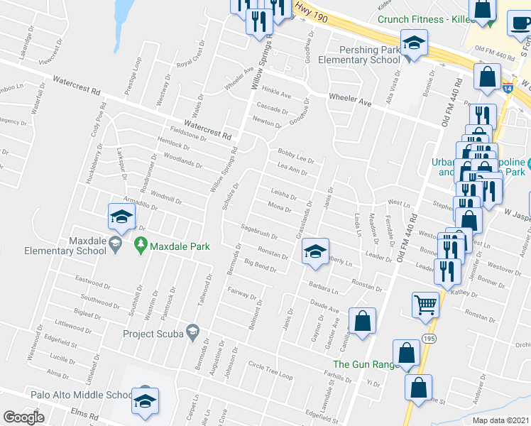 map of restaurants, bars, coffee shops, grocery stores, and more near 1705 Leader Drive in Killeen