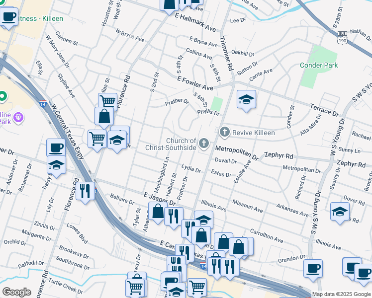 map of restaurants, bars, coffee shops, grocery stores, and more near 1603 Halbert Street in Killeen