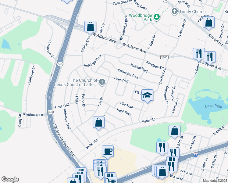 map of restaurants, bars, coffee shops, grocery stores, and more near 514 Dakota Drive in Temple