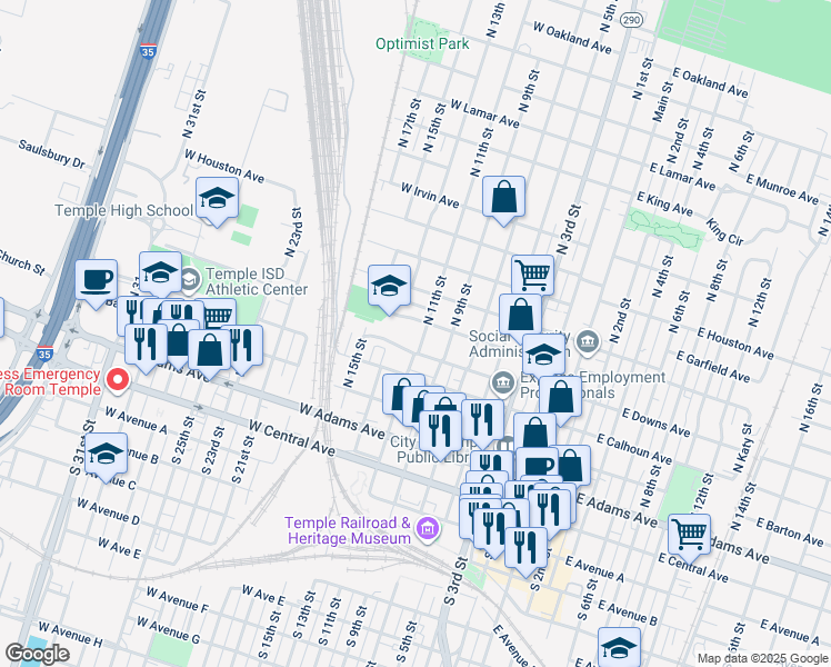 map of restaurants, bars, coffee shops, grocery stores, and more near 416 North 11th Street in Temple