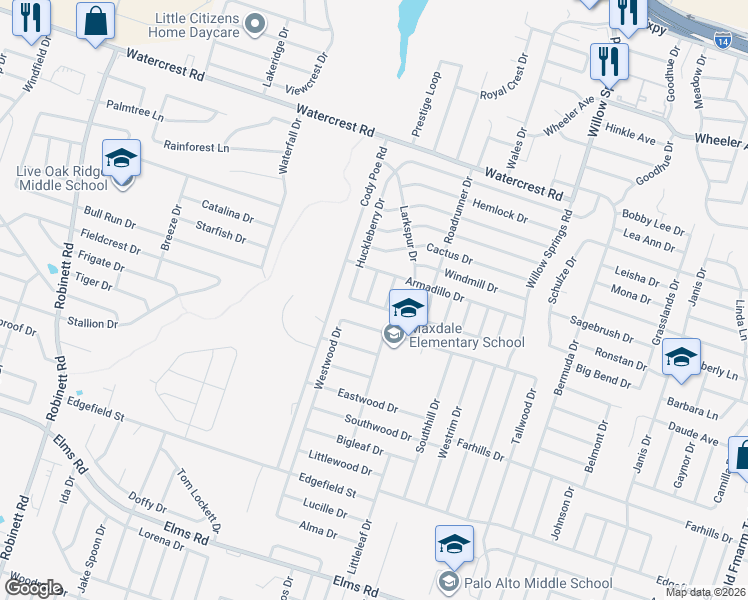 map of restaurants, bars, coffee shops, grocery stores, and more near 2902 Bluejay Drive in Killeen